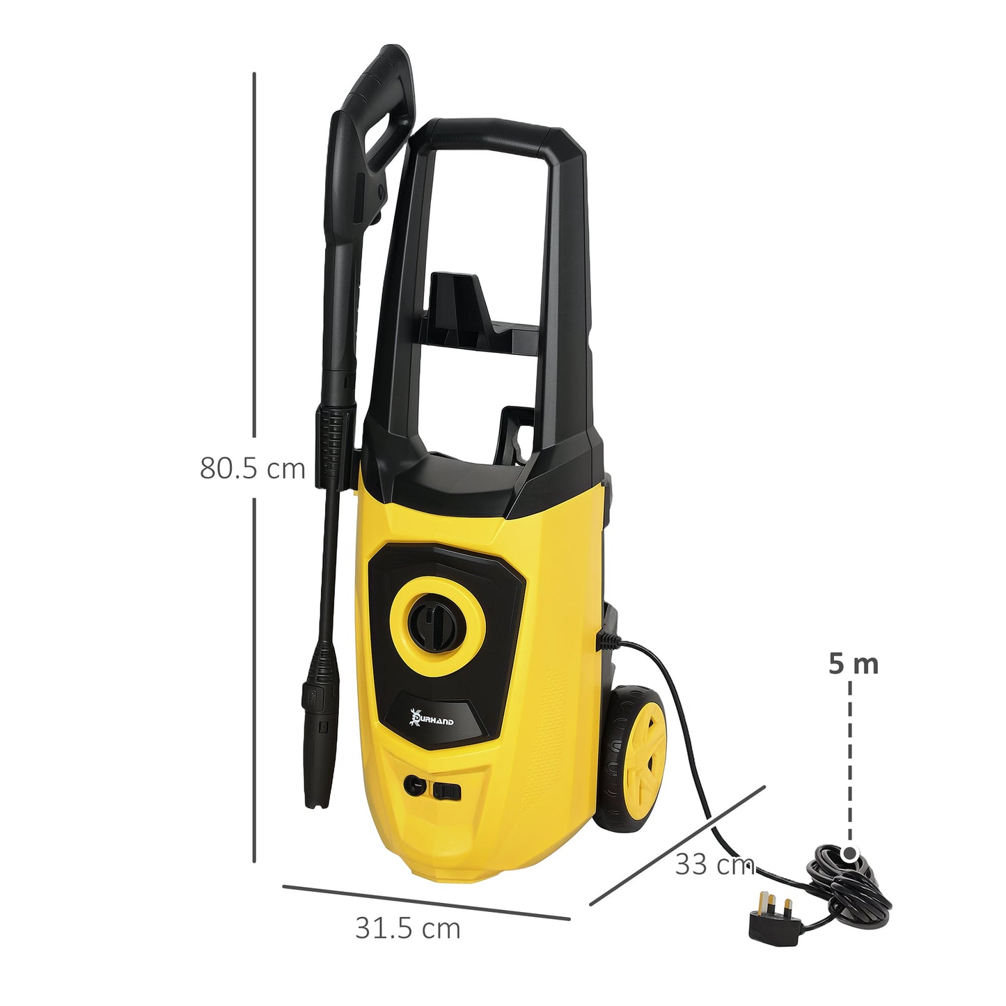 DURHAND 1800W High Pressure Washer, 150 Bar Pressure, 510 L/h Flow, High-Performance Portable Power Washer Jet Wash Cleaner with 6M Hose, Snow Foam Bottle for Garden, Car, Furniture, Yellow-2