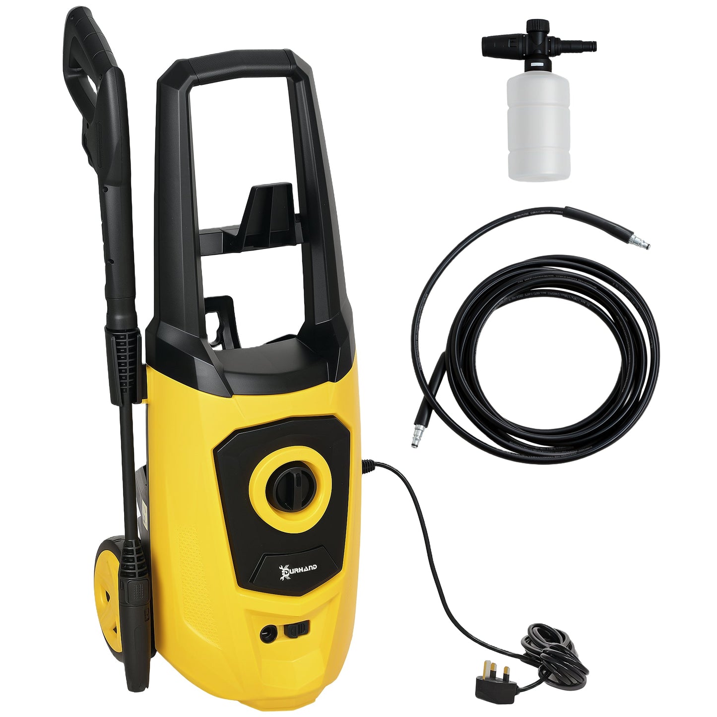 DURHAND 1800W High Pressure Washer, 150 Bar Pressure, 510 L/h Flow, High-Performance Portable Power Washer Jet Wash Cleaner with 6M Hose, Snow Foam Bottle for Garden, Car, Furniture, Yellow-0